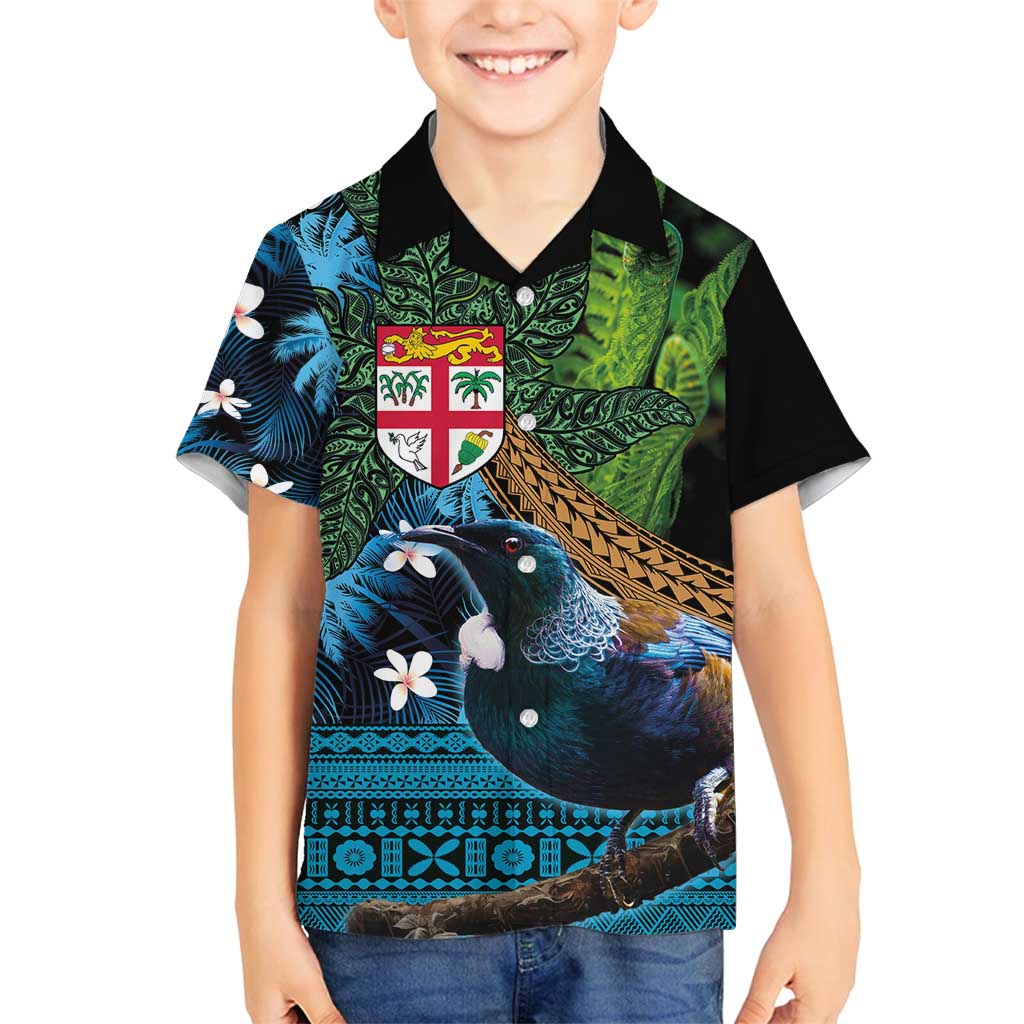 Fiji and New Zealand Tui Bird Family Matching Tank Maxi Dress and Hawaiian Shirt Koru Fern Leafs and Palm Tree With Plumeria LT03 Son's Shirt Blue - Polynesian Pride