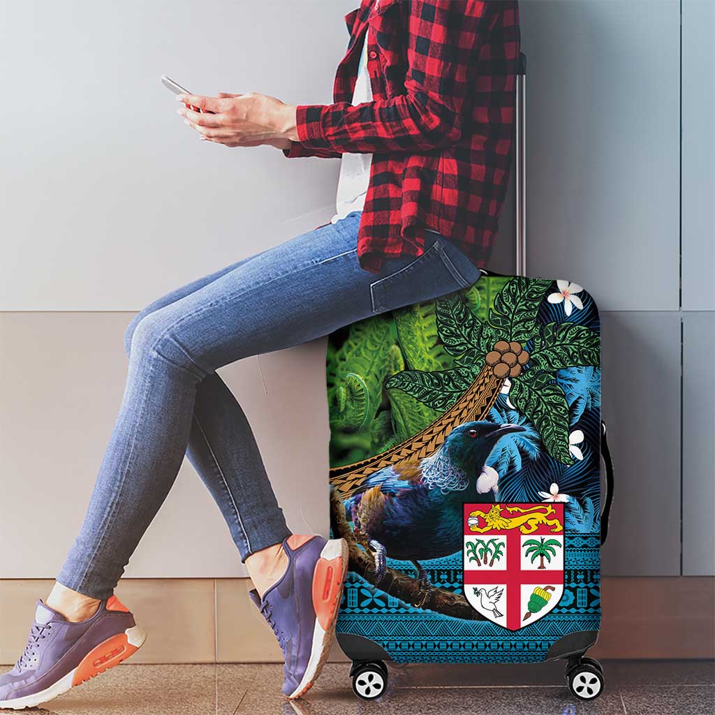 Fiji and New Zealand Tui Bird Luggage Cover Koru Fern Leafs and Palm Tree With Plumeria