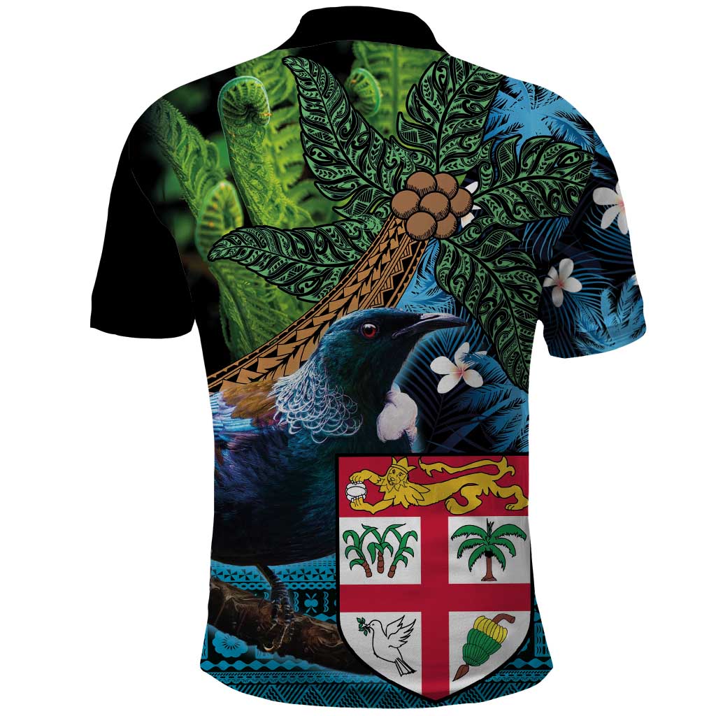 Fiji and New Zealand Tui Bird Polo Shirt Koru Fern Leafs and Palm Tree With Plumeria