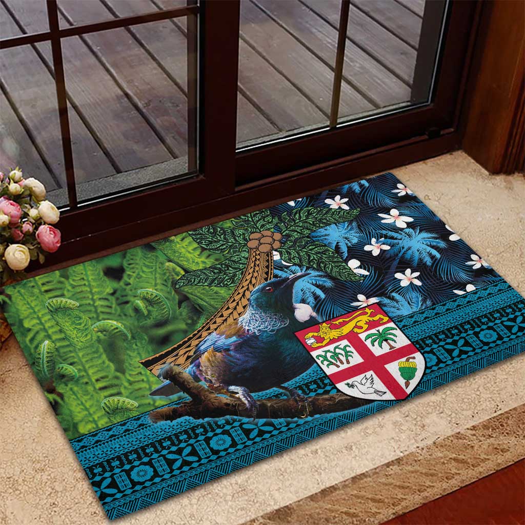 Fiji and New Zealand Tui Bird Rubber Doormat Koru Fern Leafs and Palm Tree With Plumeria