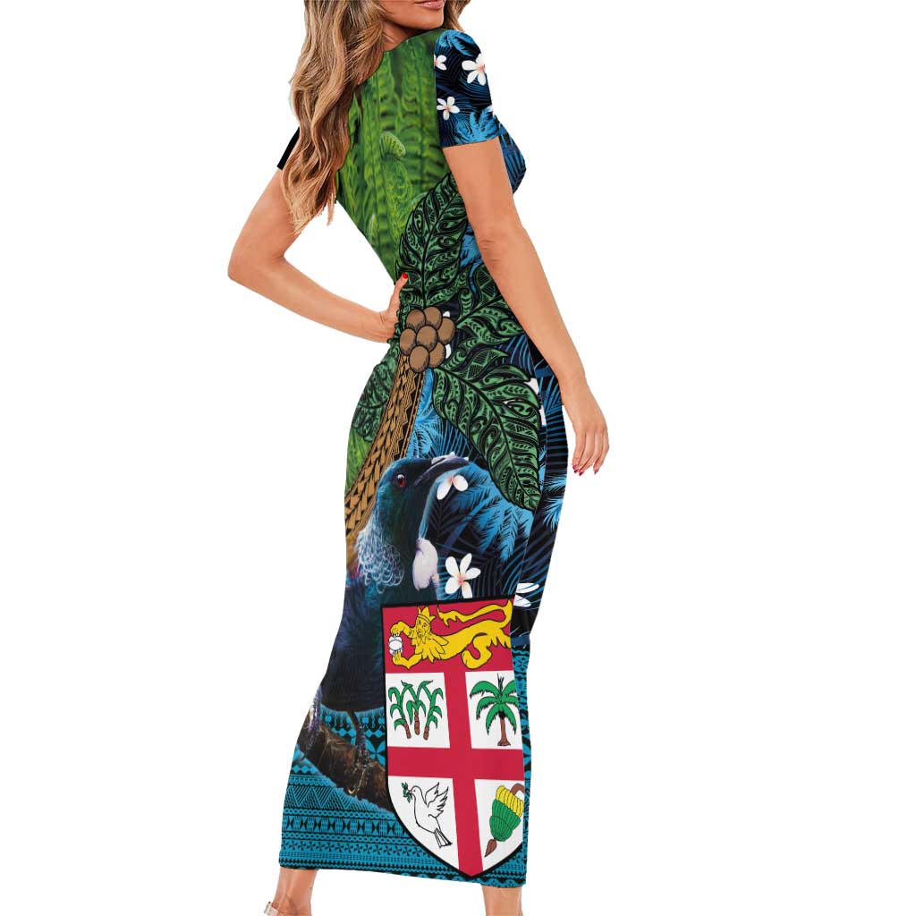 Fiji and New Zealand Tui Bird Short Sleeve Bodycon Dress Koru Fern Leafs and Palm Tree With Plumeria