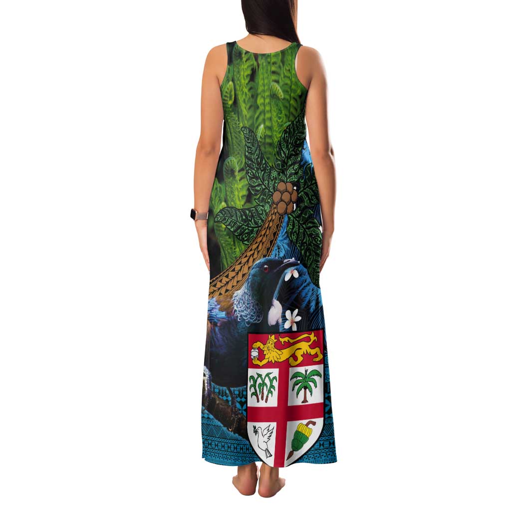 Fiji and New Zealand Tui Bird Tank Maxi Dress Koru Fern Leafs and Palm Tree With Plumeria