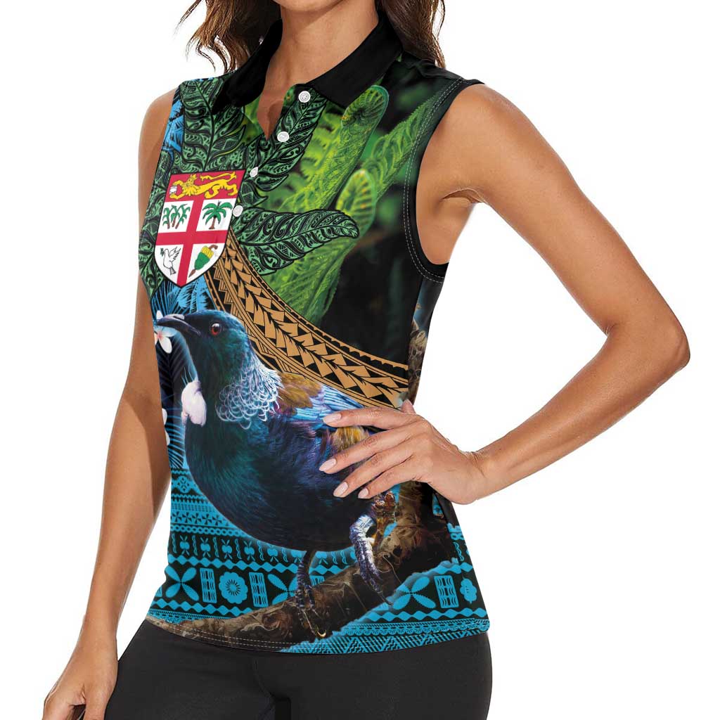Fiji and New Zealand Tui Bird Women Sleeveless Polo Shirt Koru Fern Leafs and Palm Tree With Plumeria