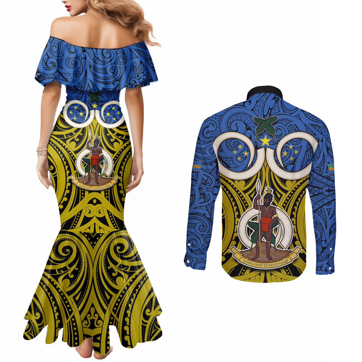 Vanuatu Tafea Province Couples Matching Mermaid Dress and Long Sleeve Button Shirts Pig Tusk Mix Maori Pattern and Namele Leaf LT03 - Polynesian Pride