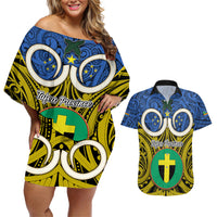 Vanuatu Tafea Province Couples Matching Off Shoulder Short Dress and Hawaiian Shirt Pig Tusk Mix Maori Pattern and Namele Leaf LT03 Blue - Polynesian Pride