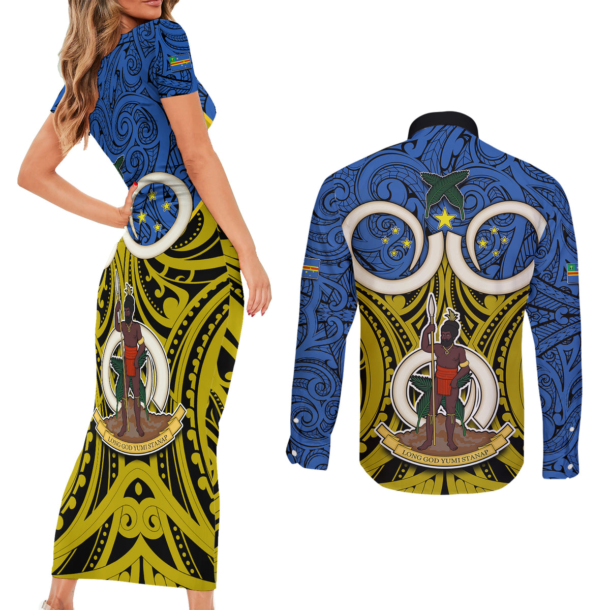 Vanuatu Tafea Province Couples Matching Short Sleeve Bodycon Dress and Long Sleeve Button Shirts Pig Tusk Mix Maori Pattern and Namele Leaf LT03 - Polynesian Pride