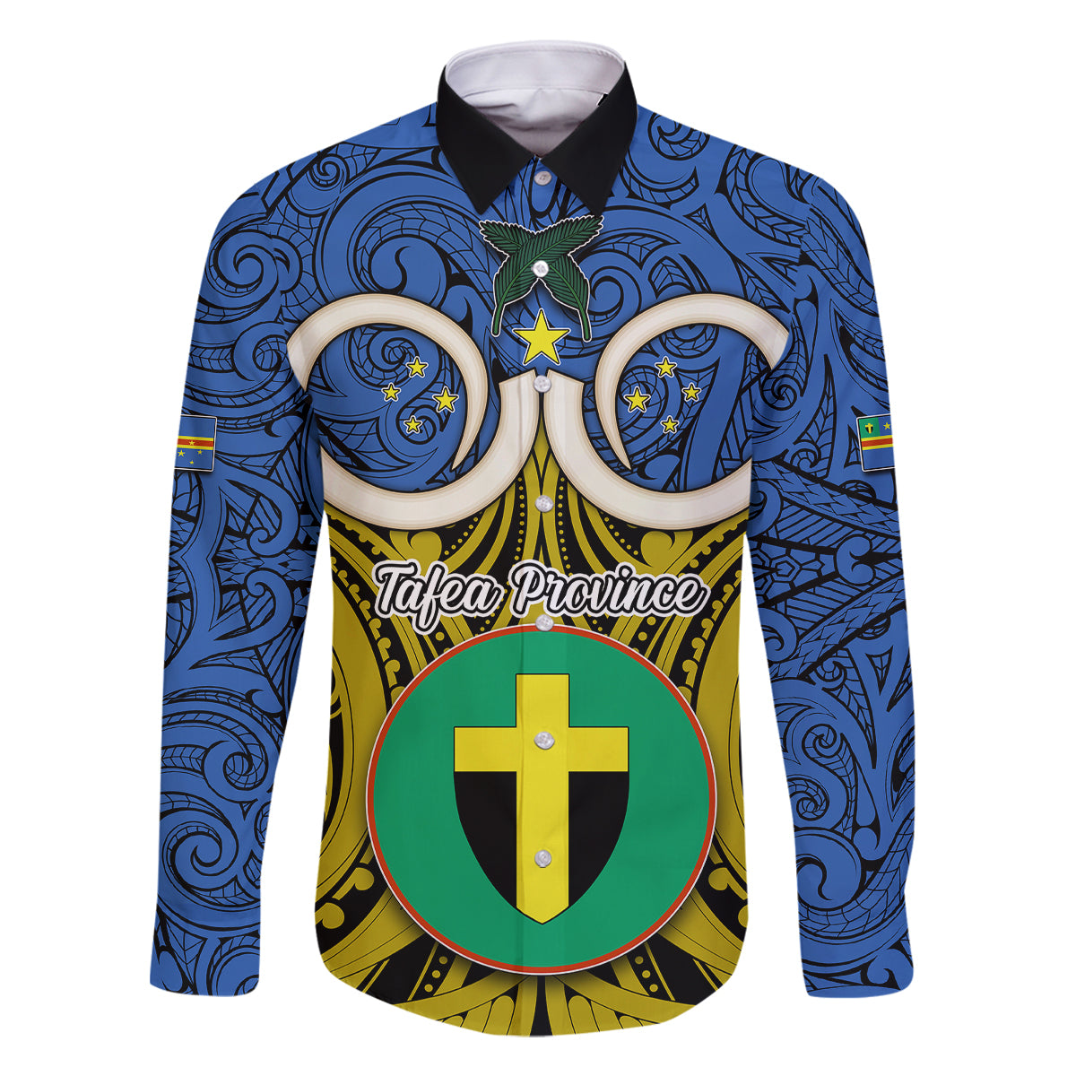 Vanuatu Tafea Province Family Matching Long Sleeve Bodycon Dress and Hawaiian Shirt Pig Tusk Mix Maori Pattern and Namele Leaf LT03 Dad's Shirt - Long Sleeve Blue - Polynesian Pride