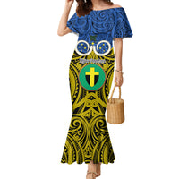 Vanuatu Tafea Province Family Matching Mermaid Dress and Hawaiian Shirt Pig Tusk Mix Maori Pattern and Namele Leaf LT03 Mom's Dress Blue - Polynesian Pride