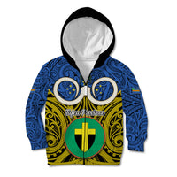 Vanuatu Tafea Province Kid Hoodie Pig Tusk Mix Maori Pattern and Namele Leaf LT03 Zip Hoodie Blue - Polynesian Pride