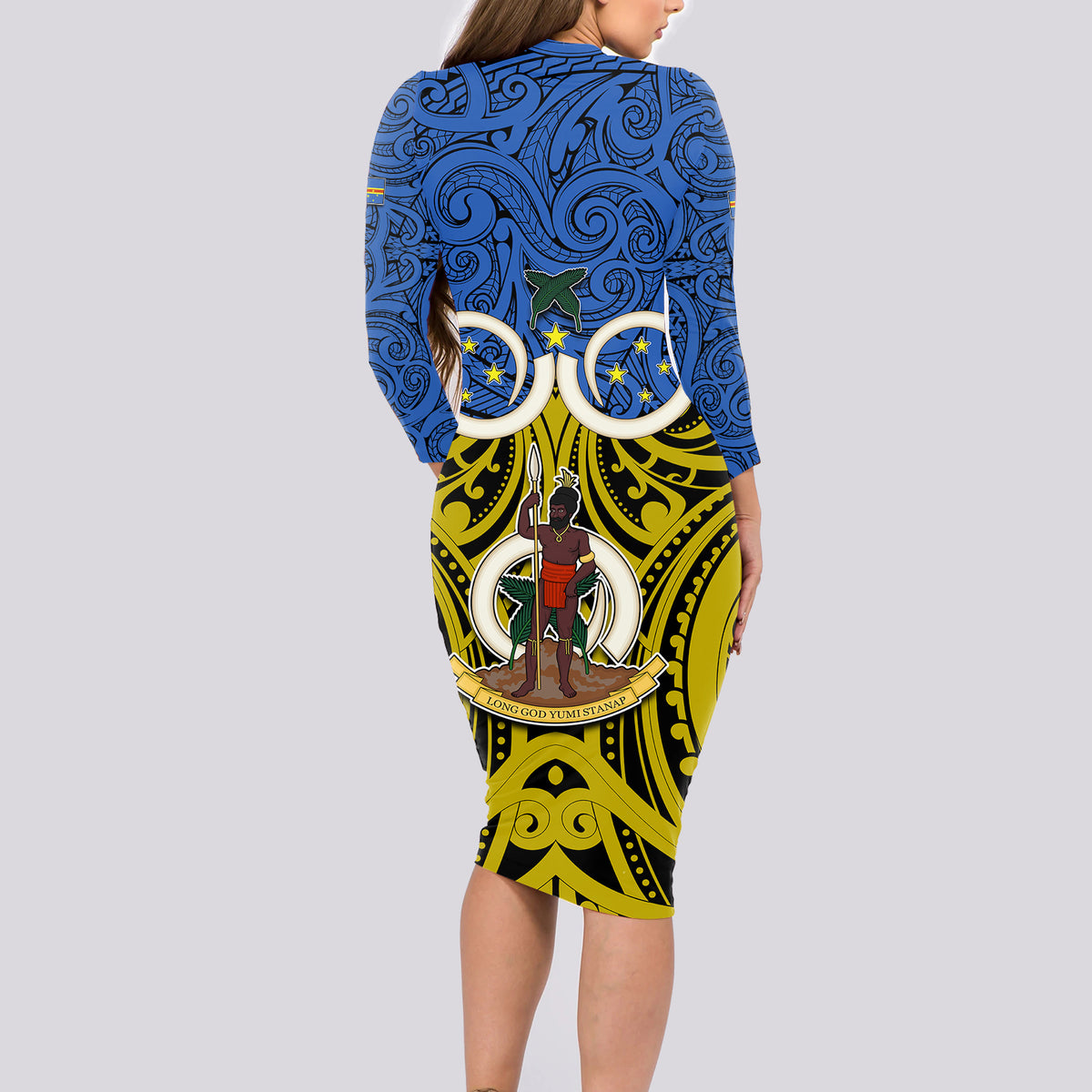 Vanuatu Tafea Province Long Sleeve Bodycon Dress Pig Tusk Mix Maori Pattern and Namele Leaf LT03 - Polynesian Pride