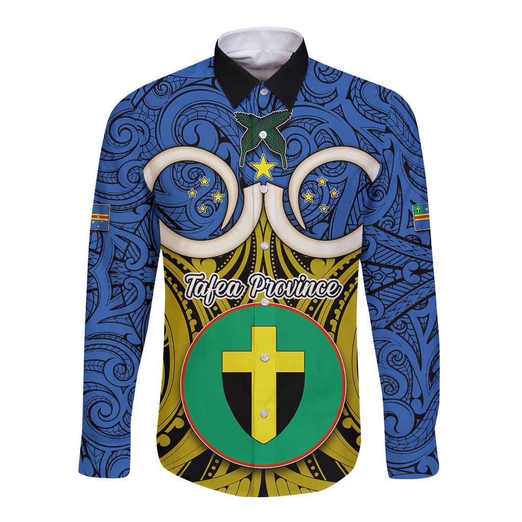 Vanuatu Tafea Province Long Sleeve Button Shirt Pig Tusk Mix Maori Pattern and Namele Leaf LT03 Unisex Blue - Polynesian Pride