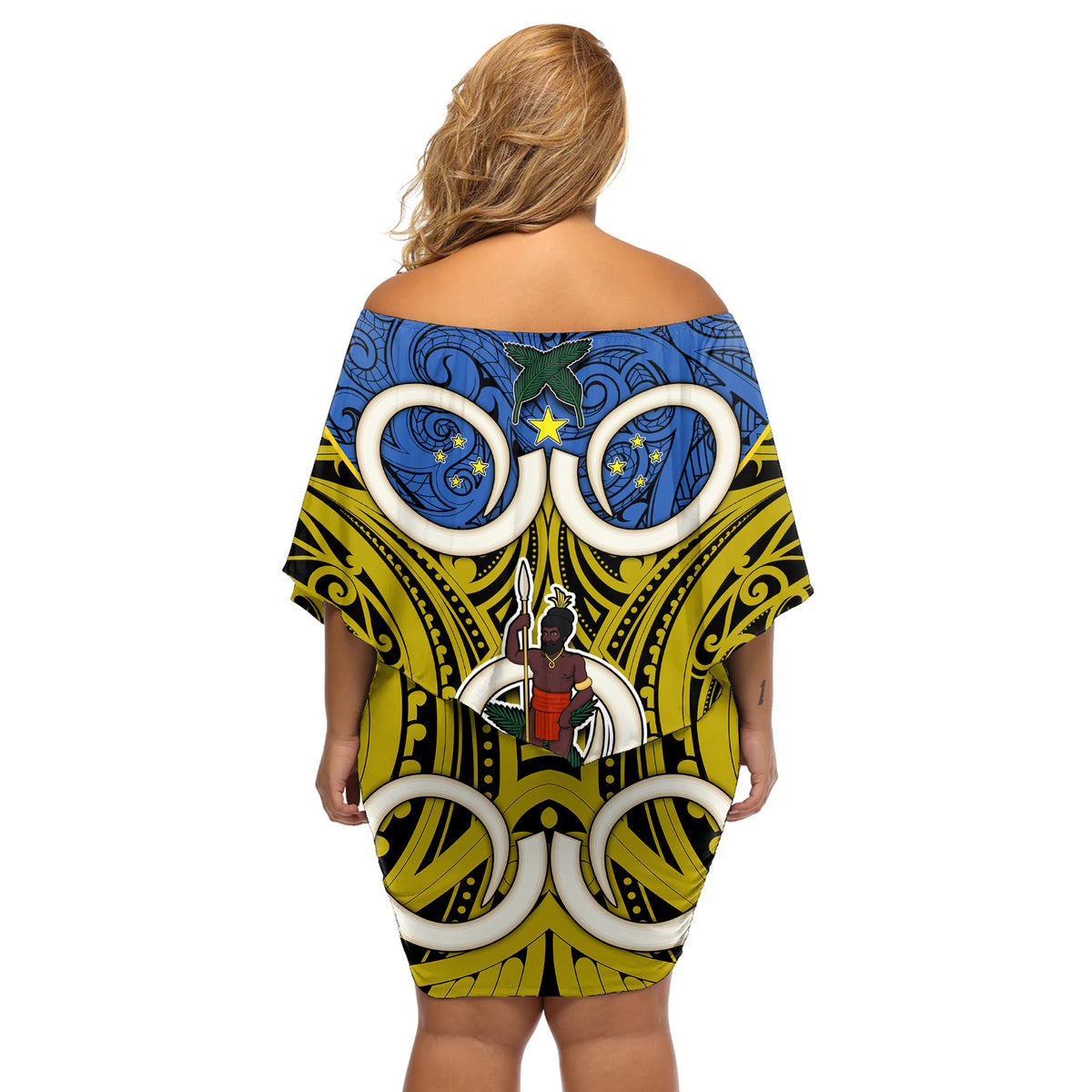 Vanuatu Tafea Province Off Shoulder Short Dress Pig Tusk Mix Maori Pattern and Namele Leaf LT03 - Polynesian Pride