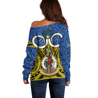 Vanuatu Tafea Province Off Shoulder Sweater Pig Tusk Mix Maori Pattern and Namele Leaf LT03 - Polynesian Pride