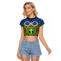 Vanuatu Tafea Province Raglan Cropped T Shirt Pig Tusk Mix Maori Pattern and Namele Leaf LT03 Female Blue - Polynesian Pride