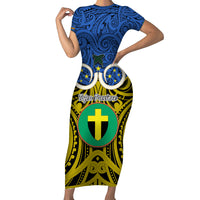 Vanuatu Tafea Province Short Sleeve Bodycon Dress Pig Tusk Mix Maori Pattern and Namele Leaf LT03 Long Dress Blue - Polynesian Pride