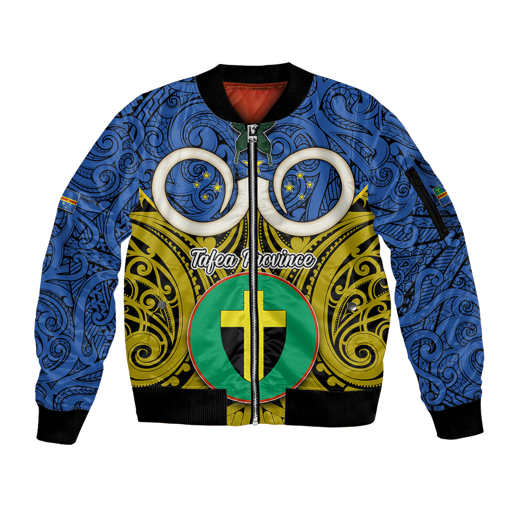 Vanuatu Tafea Province Sleeve Zip Bomber Jacket Pig Tusk Mix Maori Pattern and Namele Leaf LT03 Unisex Blue - Polynesian Pride