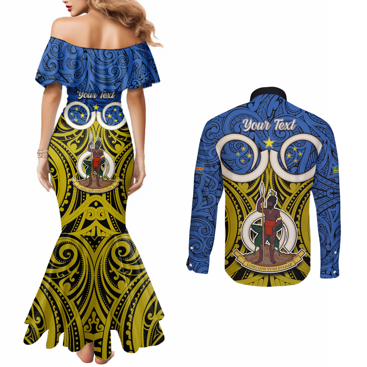 Personalised Vanuatu Tafea Province Couples Matching Mermaid Dress and Long Sleeve Button Shirts Pig Tusk Mix Maori Pattern and Namele Leaf LT03 - Polynesian Pride