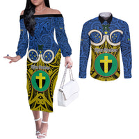 Personalised Vanuatu Tafea Province Couples Matching Off The Shoulder Long Sleeve Dress and Long Sleeve Button Shirts Pig Tusk Mix Maori Pattern and Namele Leaf LT03 Blue - Polynesian Pride