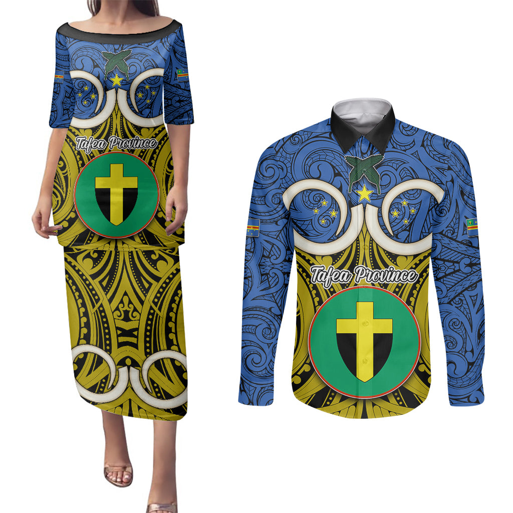 Personalised Vanuatu Tafea Province Couples Matching Puletasi Dress and Long Sleeve Button Shirts Pig Tusk Mix Maori Pattern and Namele Leaf LT03 Blue - Polynesian Pride