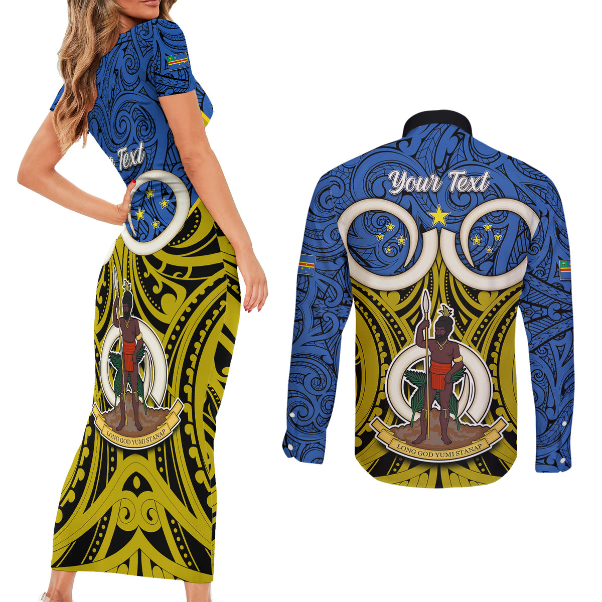 Personalised Vanuatu Tafea Province Couples Matching Short Sleeve Bodycon Dress and Long Sleeve Button Shirts Pig Tusk Mix Maori Pattern and Namele Leaf LT03 - Polynesian Pride