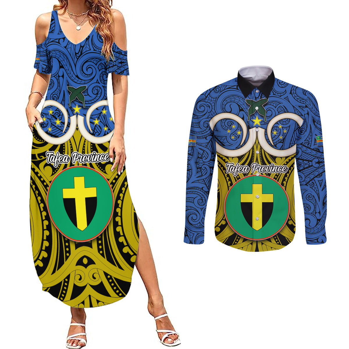 Personalised Vanuatu Tafea Province Couples Matching Summer Maxi Dress and Long Sleeve Button Shirts Pig Tusk Mix Maori Pattern and Namele Leaf LT03 Blue - Polynesian Pride