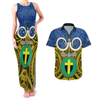 Personalised Vanuatu Tafea Province Couples Matching Tank Maxi Dress and Hawaiian Shirt Pig Tusk Mix Maori Pattern and Namele Leaf LT03 Blue - Polynesian Pride