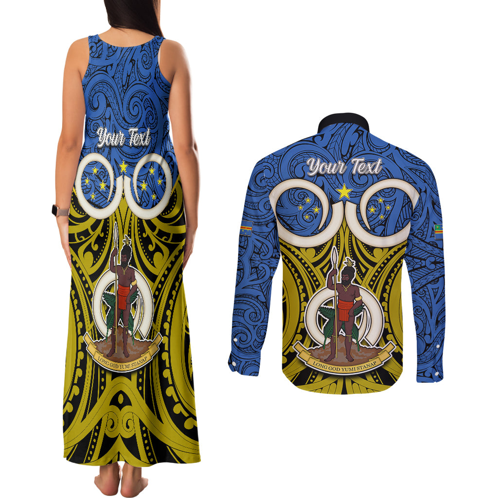 Personalised Vanuatu Tafea Province Couples Matching Tank Maxi Dress and Long Sleeve Button Shirts Pig Tusk Mix Maori Pattern and Namele Leaf LT03 - Polynesian Pride