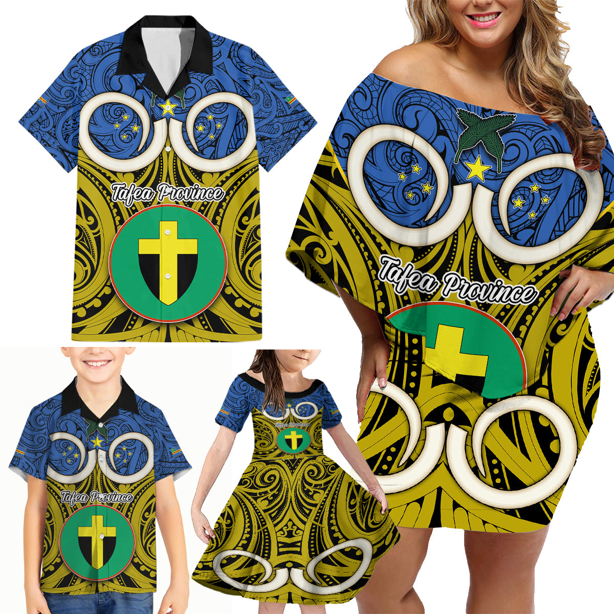 Personalised Vanuatu Tafea Province Family Matching Off Shoulder Short Dress and Hawaiian Shirt Pig Tusk Mix Maori Pattern and Namele Leaf LT03 - Polynesian Pride