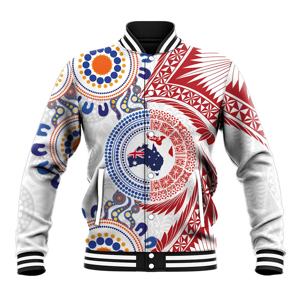 Tongan and Australian Culture Together Baseball Jacket Ngatu Art Tribal Aboriginal Tattoo Pattern - Polynesian Pride