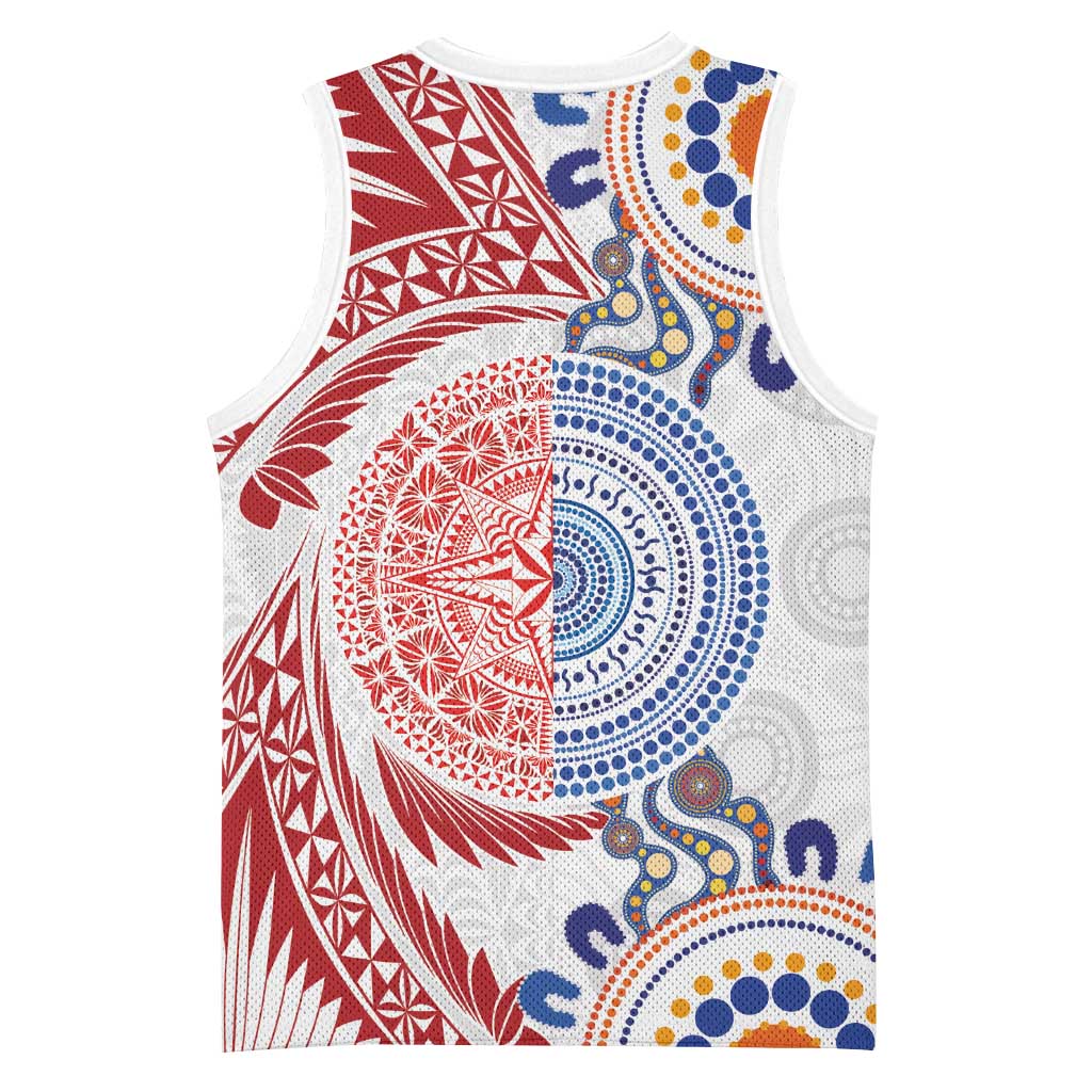 Tongan and Australian Culture Together Basketball Jersey Ngatu Art Tribal Aboriginal Tattoo Pattern - Polynesian Pride