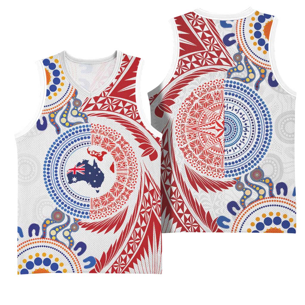 Tongan and Australian Culture Together Basketball Jersey Ngatu Art Tribal Aboriginal Tattoo Pattern - Polynesian Pride