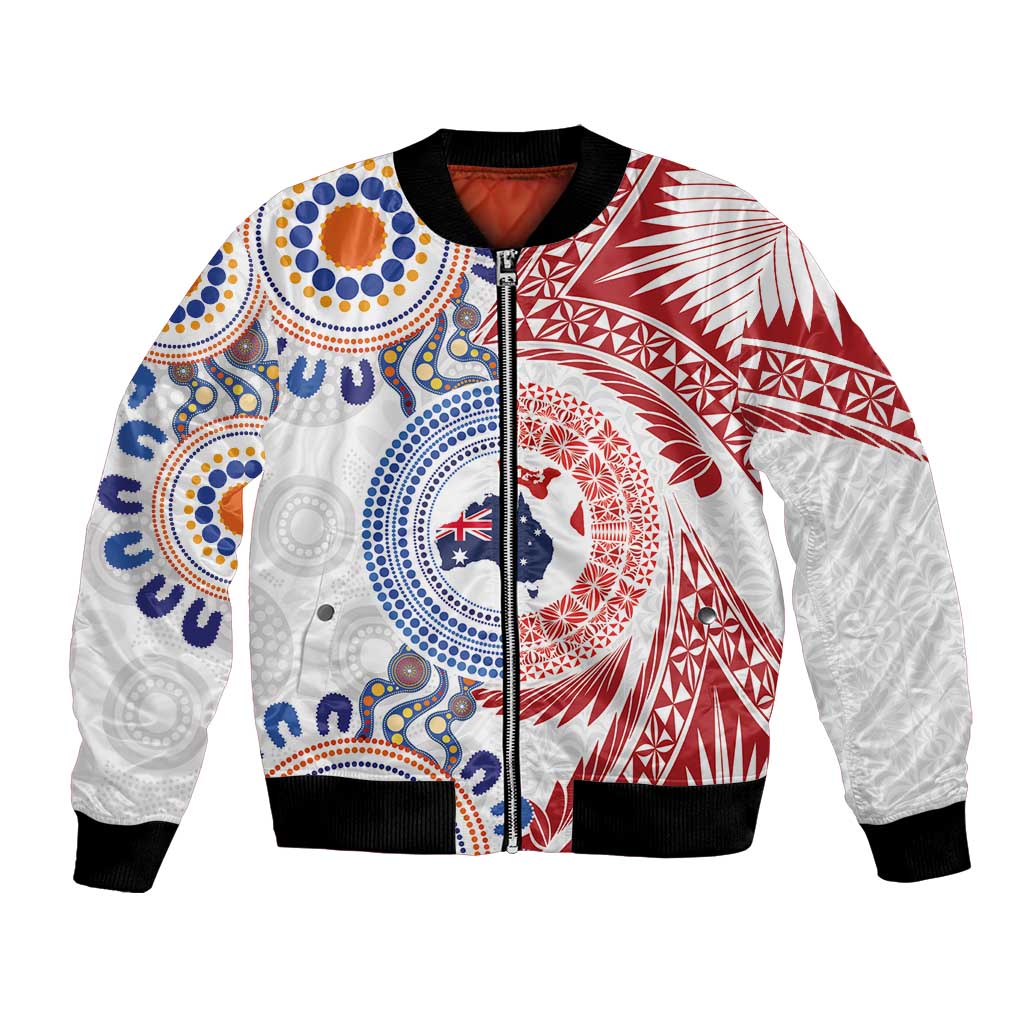 Tongan and Australian Culture Together Bomber Jacket Ngatu Art Tribal Aboriginal Tattoo Pattern - Polynesian Pride