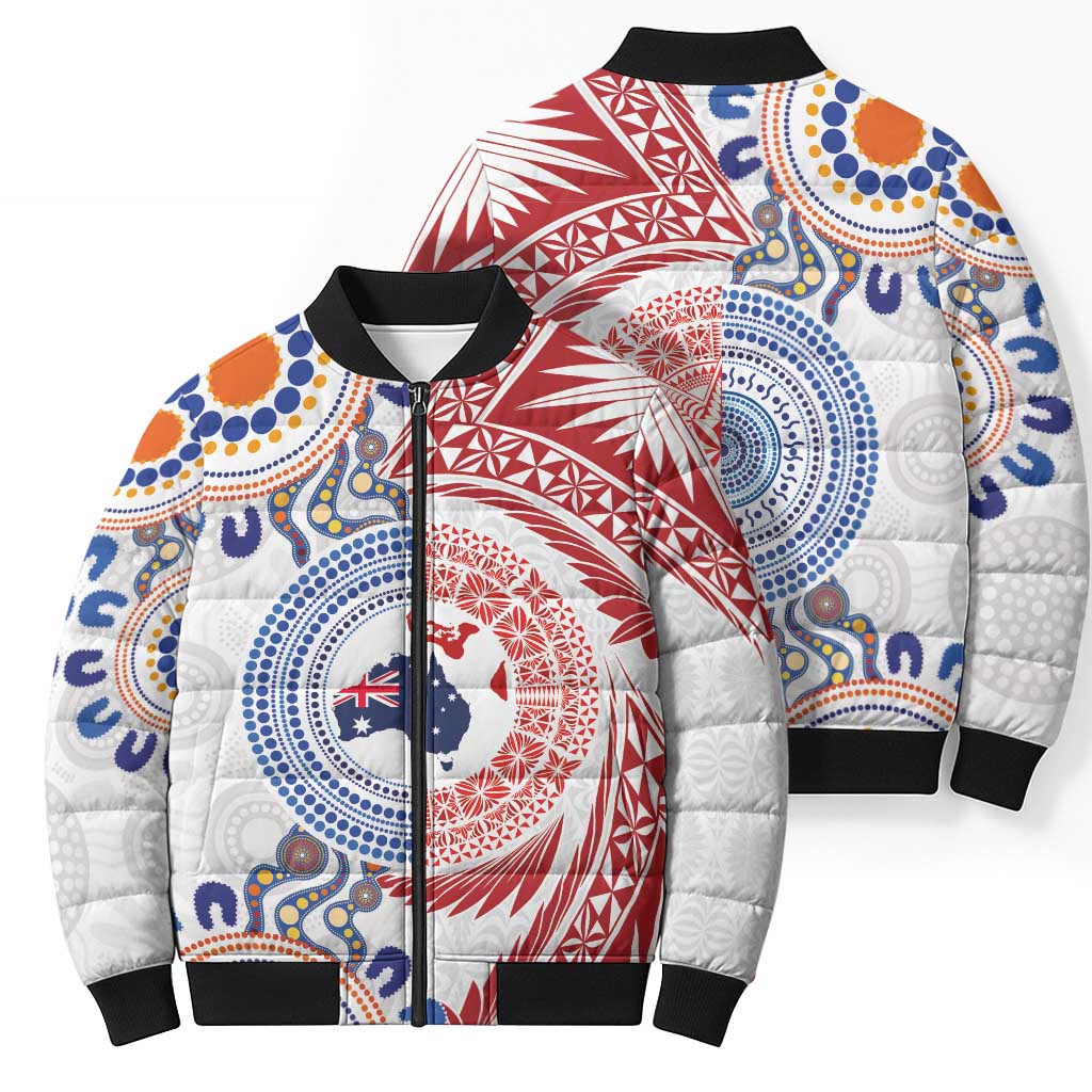 Tongan and Australian Culture Together Bomber Puffer Jacket Ngatu Art Tribal Aboriginal Tattoo Pattern - Polynesian Pride
