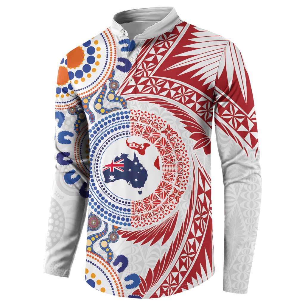 Tongan and Australian Culture Together Button Sweatshirt Ngatu Art Tribal Aboriginal Tattoo Pattern - Polynesian Pride