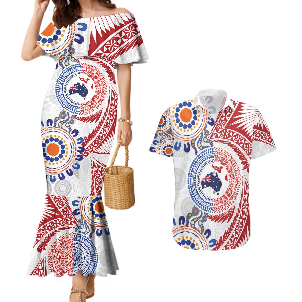 Tongan and Australian Culture Together Couples Matching Mermaid Dress and Hawaiian Shirt Ngatu Art Tribal Aboriginal Tattoo Pattern - Polynesian Pride