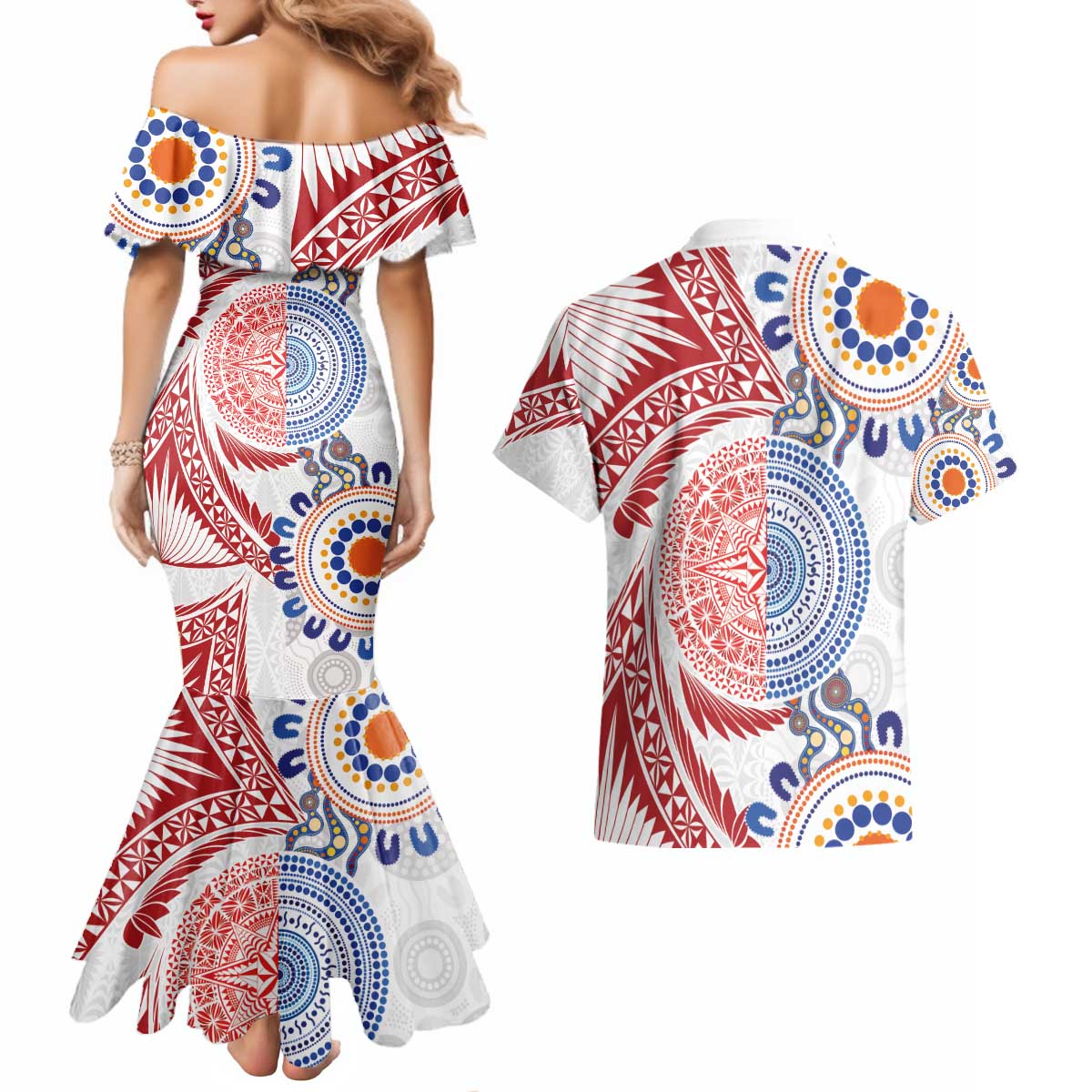 Tongan and Australian Culture Together Couples Matching Mermaid Dress and Hawaiian Shirt Ngatu Art Tribal Aboriginal Tattoo Pattern - Polynesian Pride