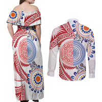 Tongan and Australian Culture Together Couples Matching Off Shoulder Maxi Dress and Long Sleeve Button Shirt Ngatu Art Tribal Aboriginal Tattoo Pattern - Polynesian Pride