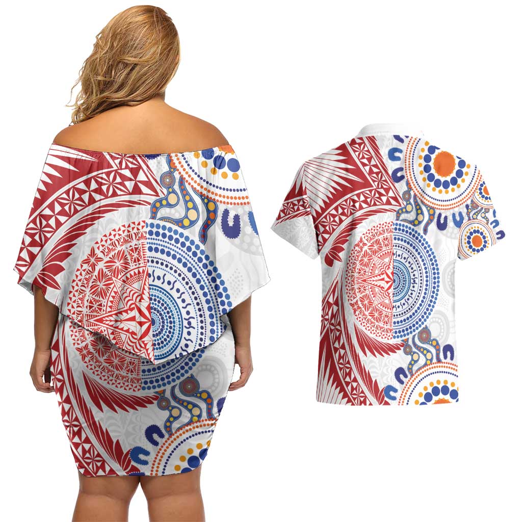 Tongan and Australian Culture Together Couples Matching Off Shoulder Short Dress and Hawaiian Shirt Ngatu Art Tribal Aboriginal Tattoo Pattern - Polynesian Pride