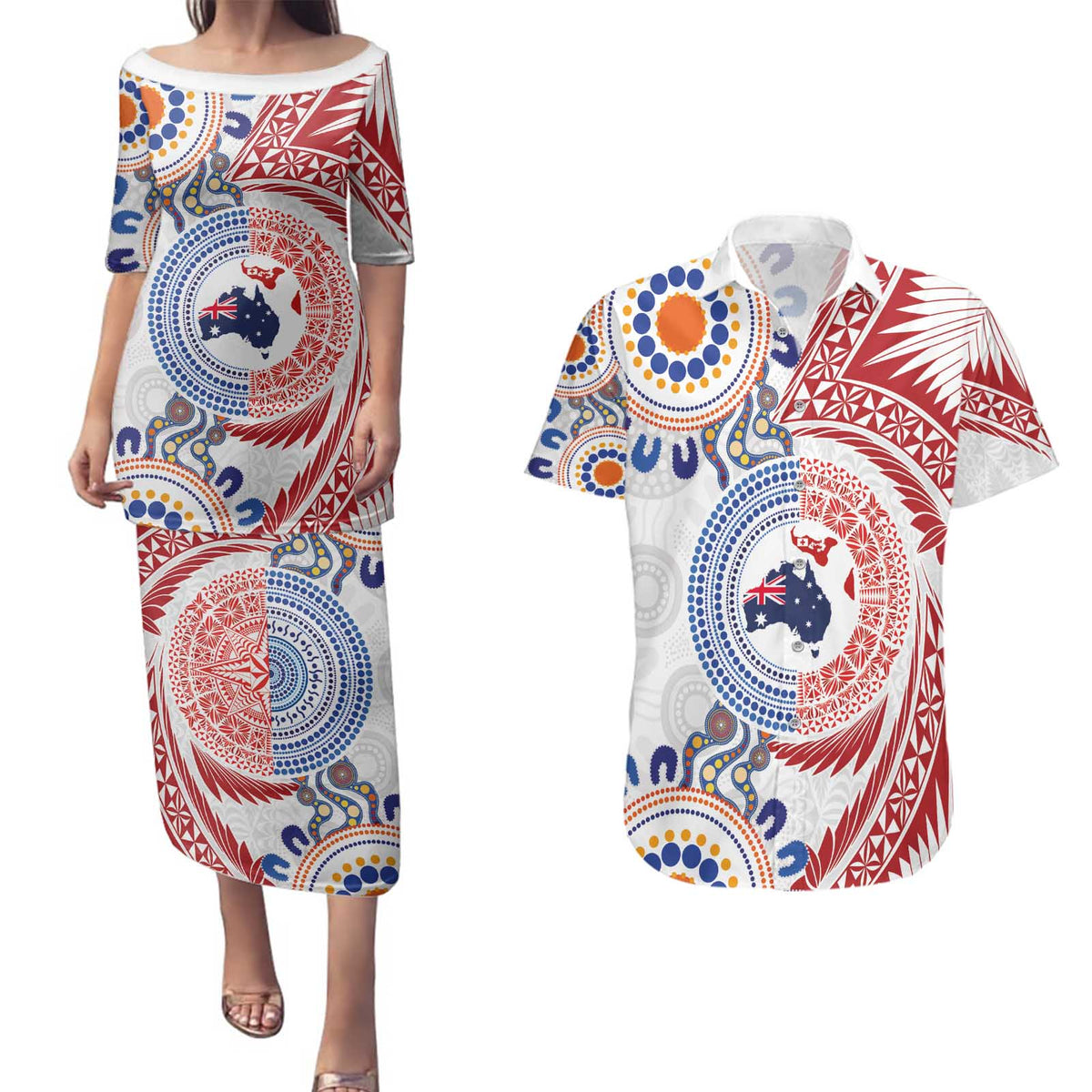 Tongan and Australian Culture Together Couples Matching Puletasi and Hawaiian Shirt Ngatu Art Tribal Aboriginal Tattoo Pattern - Polynesian Pride