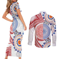 Tongan and Australian Culture Together Couples Matching Short Sleeve Bodycon Dress and Long Sleeve Button Shirt Ngatu Art Tribal Aboriginal Tattoo Pattern - Polynesian Pride