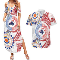 Tongan and Australian Culture Together Couples Matching Summer Maxi Dress and Hawaiian Shirt Ngatu Art Tribal Aboriginal Tattoo Pattern - Polynesian Pride