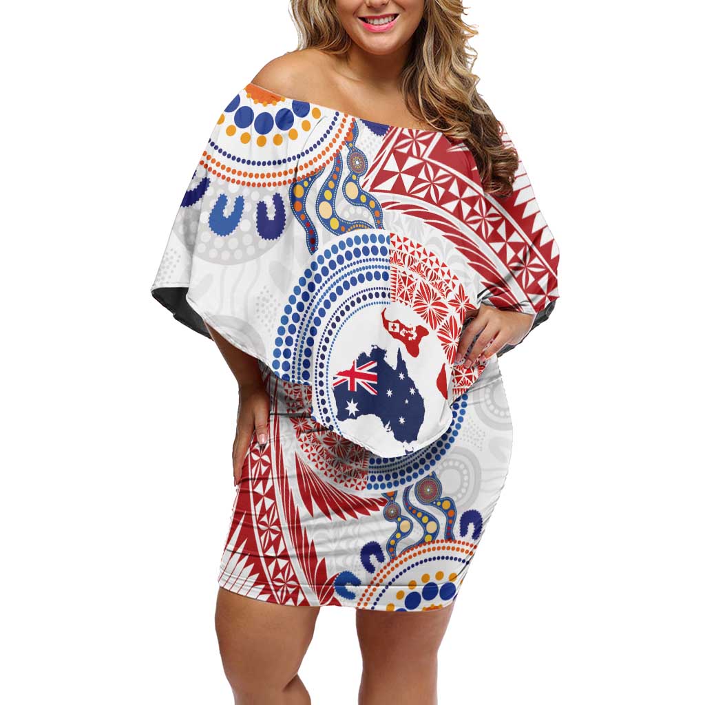 Tongan and Australian Culture Together Family Matching Off Shoulder Short Dress and Hawaiian Shirt Ngatu Art Tribal Aboriginal Tattoo Pattern - Polynesian Pride