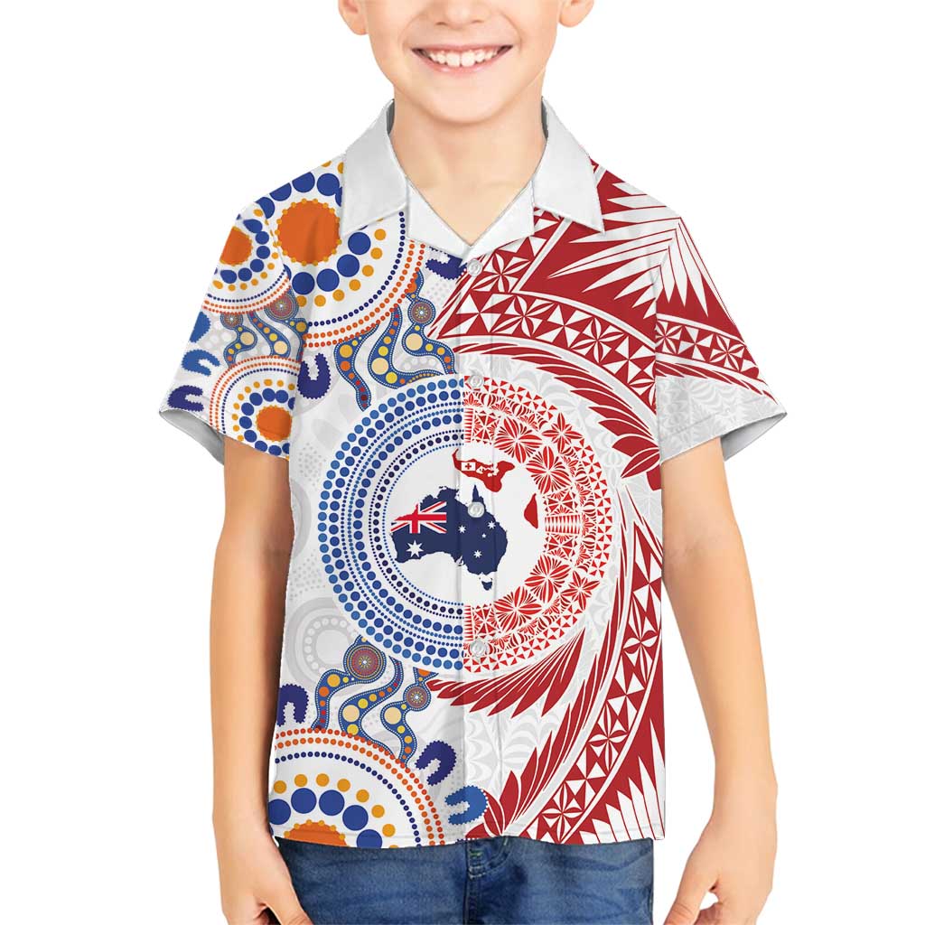 Tongan and Australian Culture Together Family Matching Off Shoulder Short Dress and Hawaiian Shirt Ngatu Art Tribal Aboriginal Tattoo Pattern - Polynesian Pride