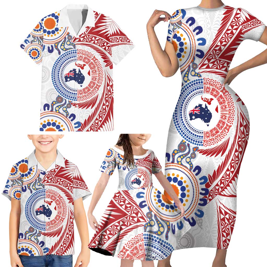 Tongan and Australian Culture Together Family Matching Short Sleeve Bodycon Dress and Hawaiian Shirt Ngatu Art Tribal Aboriginal Tattoo Pattern - Polynesian Pride