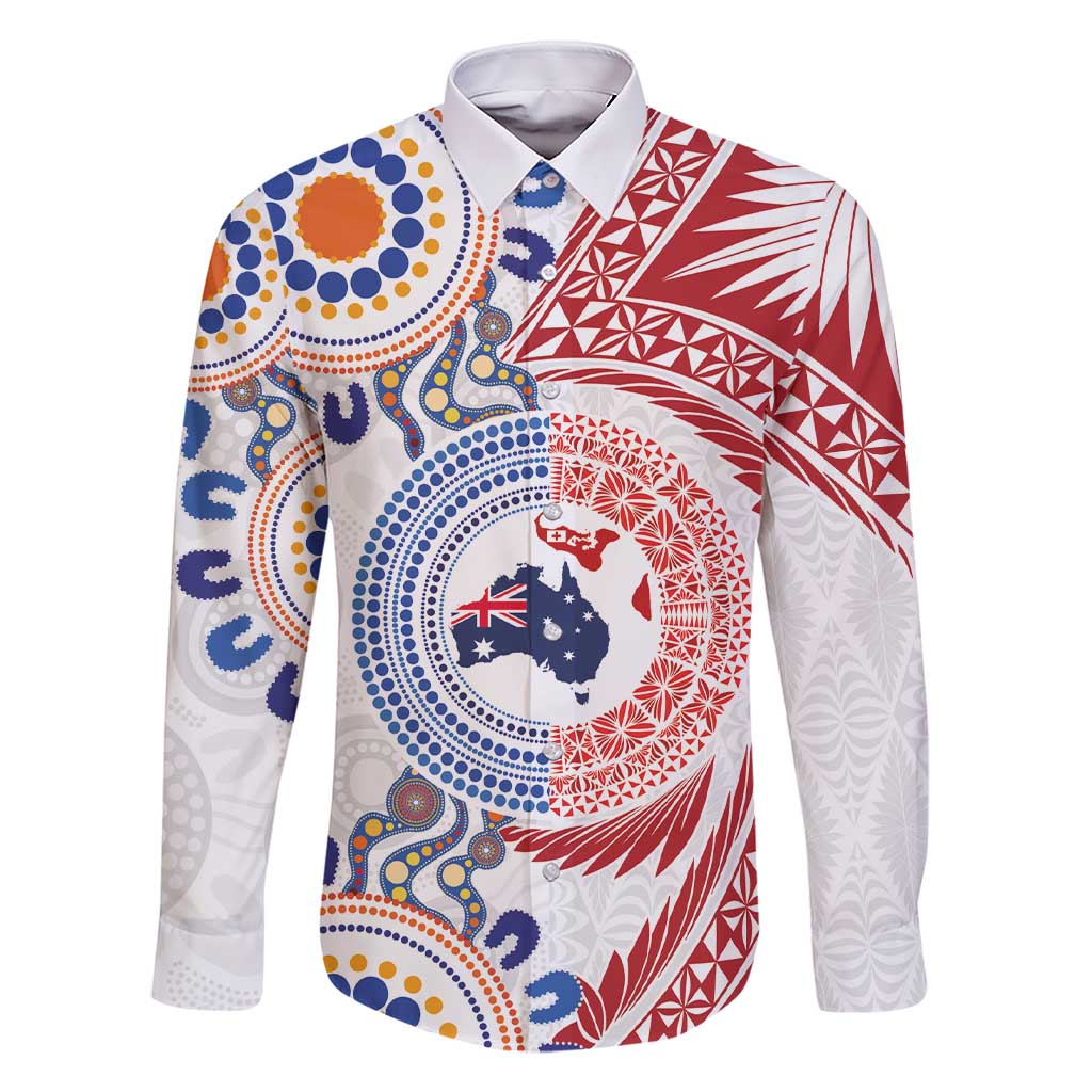 Tongan and Australian Culture Together Family Matching Short Sleeve Bodycon Dress and Hawaiian Shirt Ngatu Art Tribal Aboriginal Tattoo Pattern - Polynesian Pride