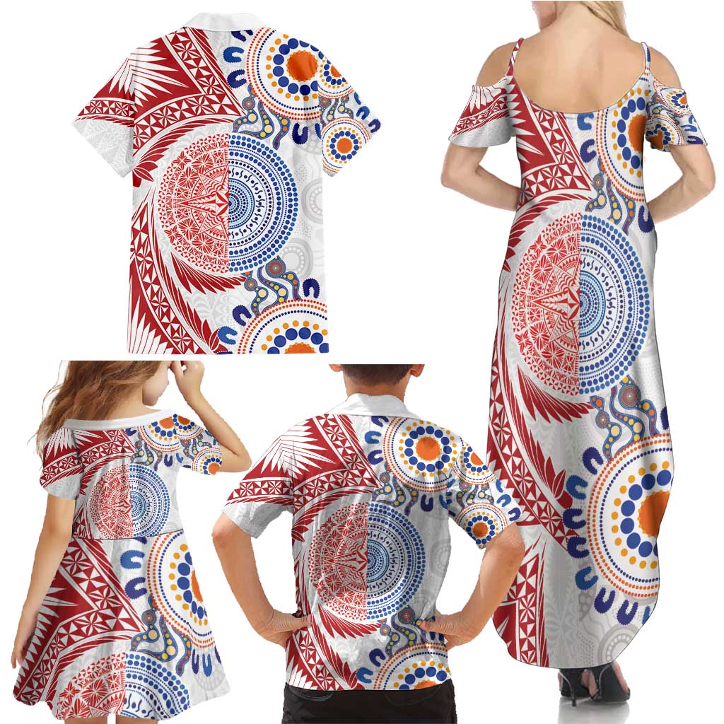Tongan and Australian Culture Together Family Matching Summer Maxi Dress and Hawaiian Shirt Ngatu Art Tribal Aboriginal Tattoo Pattern - Polynesian Pride