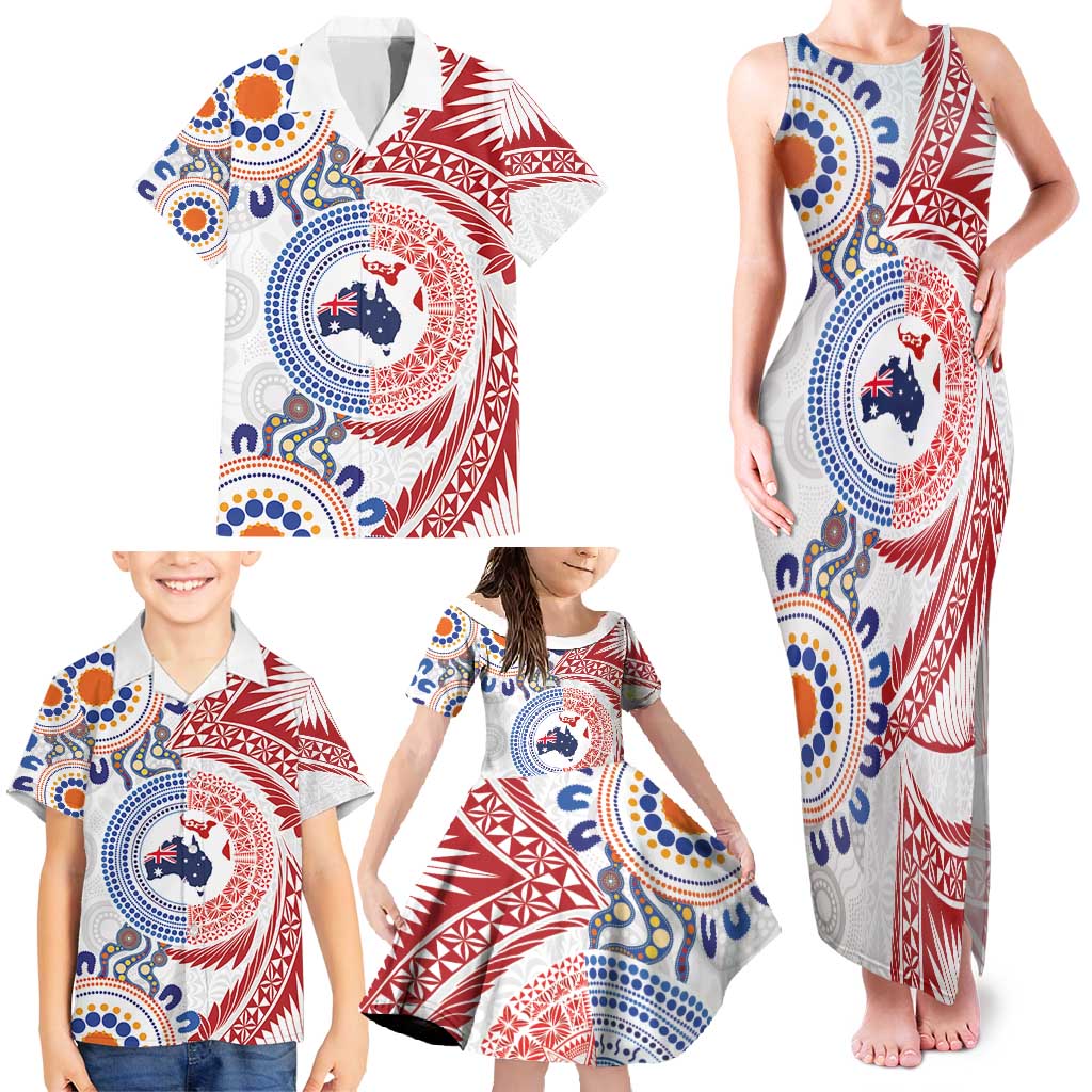 Tongan and Australian Culture Together Family Matching Tank Maxi Dress and Hawaiian Shirt Ngatu Art Tribal Aboriginal Tattoo Pattern - Polynesian Pride