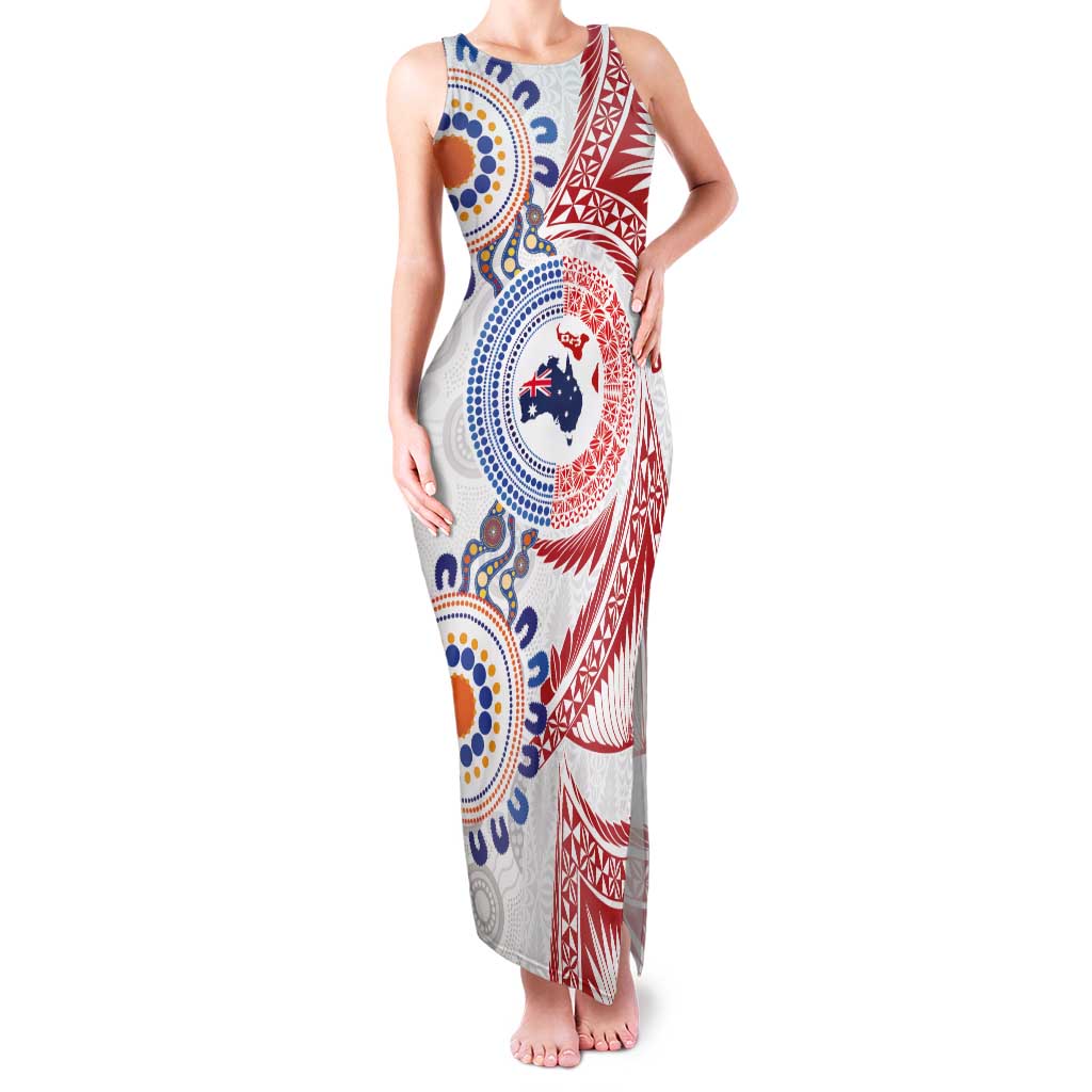 Tongan and Australian Culture Together Family Matching Tank Maxi Dress and Hawaiian Shirt Ngatu Art Tribal Aboriginal Tattoo Pattern - Polynesian Pride