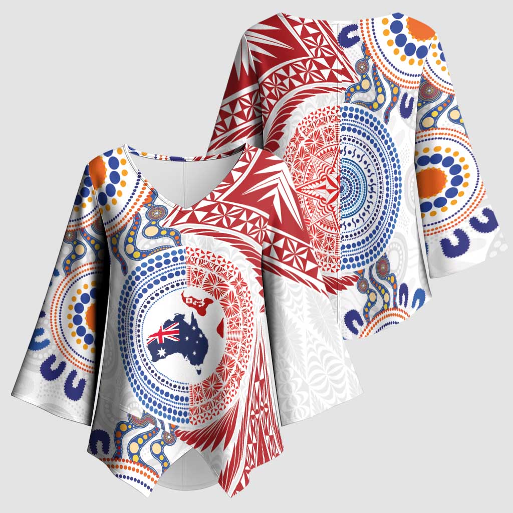 Tongan and Australian Culture Together Kimono Sleeve Blouse Ngatu Art Tribal Aboriginal Tattoo Pattern - Polynesian Pride