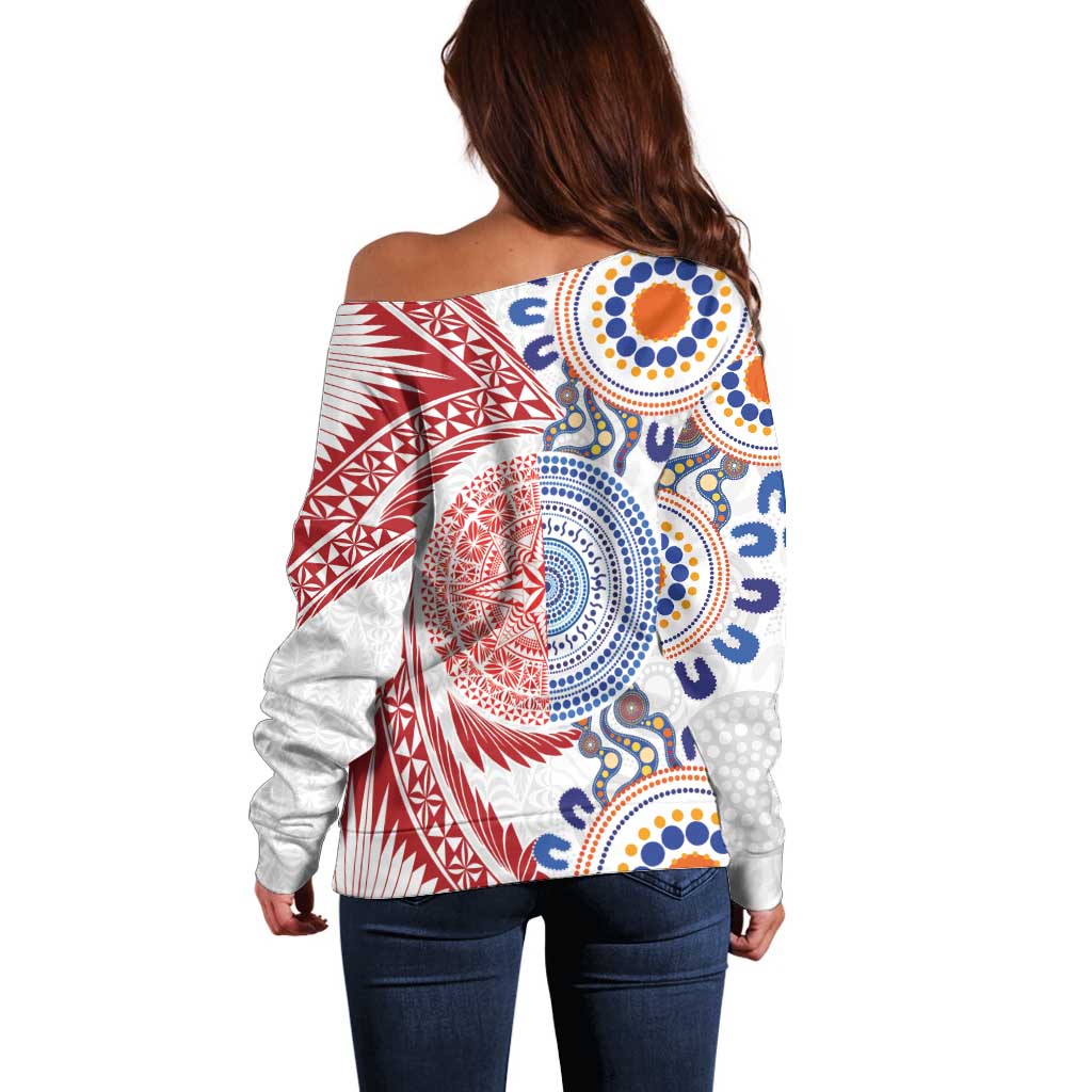 Tongan and Australian Culture Together Off Shoulder Sweater Ngatu Art Tribal Aboriginal Tattoo Pattern - Polynesian Pride